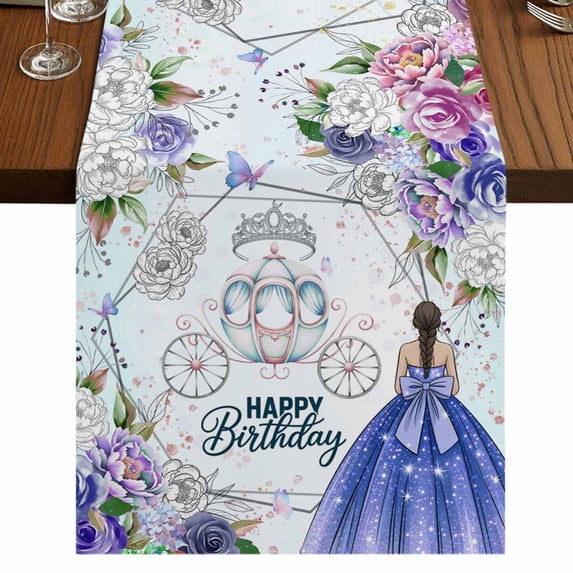 Table Runners 108 Inches Long Dress Scarves, Happy Birthday Farmhouse Coffee/Dining/Kitchen Table Runner for Living Room, Purple Dress Crown Carriage Flowers Butterfly 13x108 Inch