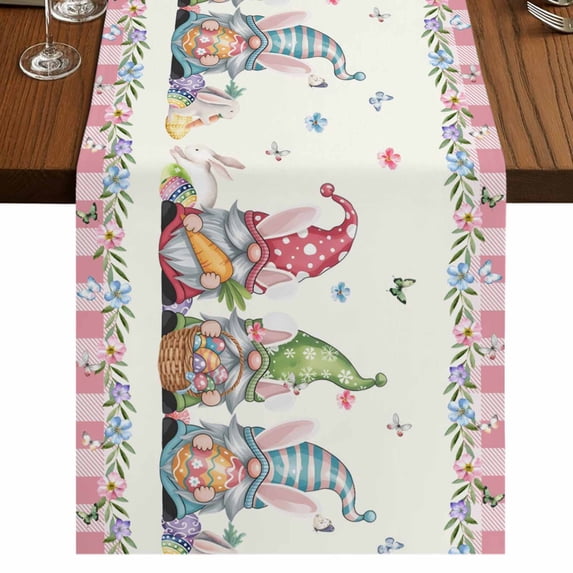 Table Runners 108 Inches Long Dress Scarves, Happy Easter Farmhouse Coffee/Dining/Kitchen Table Runner for Living Room, Funny Gnomes Rabbits Colorful Eggs Plaid 13x108 Inch