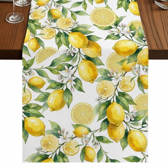 Table Runners 108 Inches Long Dress Scarves, Lemon Farmhouse Coffee/Dining/Kitchen Table Runner for Living Room, Yellow Fruits Summer Watercolor Botanical Leaf Plant 13x108 Inch