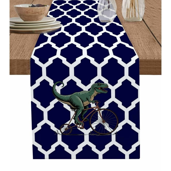 Table Runners 108 Inches Long Dress Scarves, Morocco Navy Blue Farmhouse Coffee/Dining/Kitchen Table Runner for Living Room, Cute Dinosaur Bike Vintage 13x108 Inch