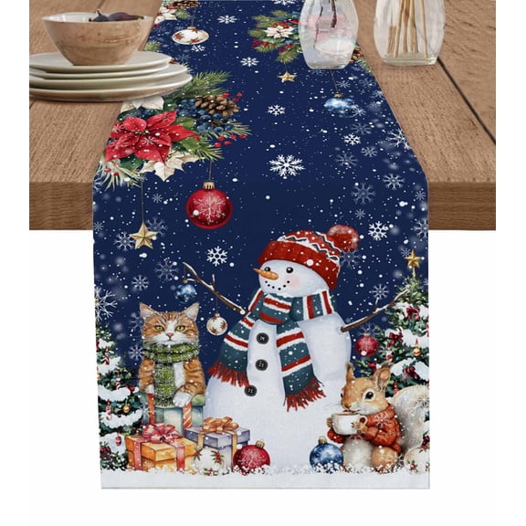 Table Runners 108 Inches Long Dress Scarves, Navy Blue Christmas Farmhouse Coffee/Dining/Kitchen Table Runner for Living Room, Snowman Poinsettia Pine Snowflakes 13x108 Inch