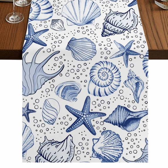 Table Runners 108 Inches Long Dress Scarves, Navy Blue Coastal Farmhouse Coffee/Dining/Kitchen Table Runner for Living Room, Nautical Ocean Shell Starfish Sea 13x108 Inch