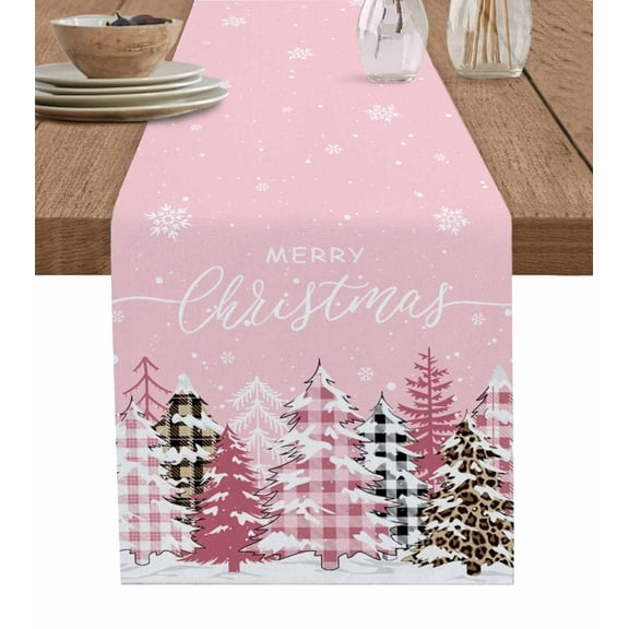 Table Runners 108 Inches Long Dress Scarves, Pink Christmas Tree Farmhouse Coffee/Dining/Kitchen Table Runner for Living Room, Winter Xmas Tree Snowflake 13x108 Inch