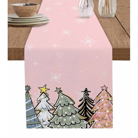 Table Runners 108 Inches Long Dress Scarves, Pink Christmas Tree Farmhouse Coffee/Dining/Kitchen Table Runner for Living Room, Xmas Tree Cute Snowflake 13x108 Inch