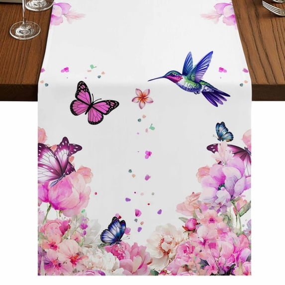 Table Runners 108 Inches Long Dress Scarves, Pink Flower Farmhouse Coffee/Dining/Kitchen Table Runner for Living Room, Spring Floral Butterflies Elegant Pastoral Birds 13x108 Inch