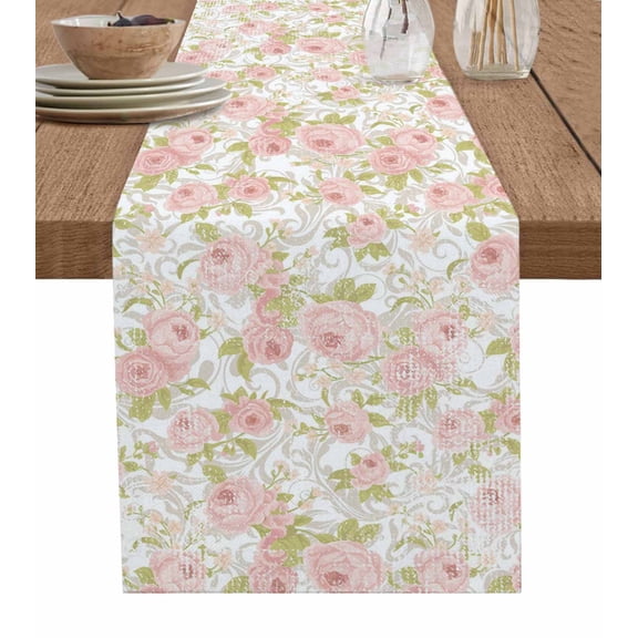 Table Runners 108 Inches Long Dress Scarves, Pink Flowers Farmhouse Coffee/Dining/Kitchen Table Runner for Living Room, Country Botanical Floral Leaves Romantic 13x108 Inch