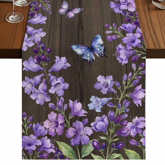Table Runners 108 Inches Long Dress Scarves, Purple Flowers Farmhouse Coffee/Dining/Kitchen Table Runner for Living Room, Butterfly Spring Floral Wooden Farmhouse 13x108 Inch