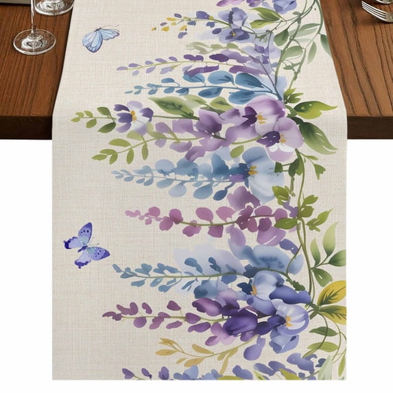 Table Runners 108 Inches Long Dress Scarves, Purple Spring Floral Farmhouse Coffee/Dining/Kitchen Table Runner for Living Room, Butterfly Weeping Watercolor Botanical 13x108 Inch