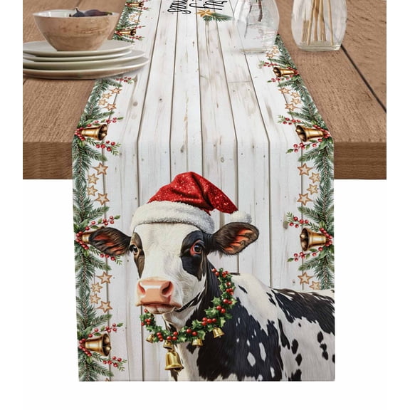 Table Runners 108 Inches Long Dress Scarves, Red Christmas Farmhouse Coffee/Dining/Kitchen Table Runner for Living Room, Xmas Cow Pine Branches Berry Wooden Grain 13x108 Inch