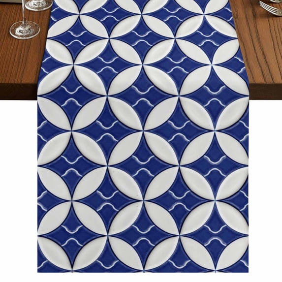 Table Runners 108 Inches Long Dress Scarves, Retro Rhombus Farmhouse Coffee/Dining/Kitchen Table Runner for Living Room, Morocco Abstract Geometric Art Navy Blue 13x108 Inch