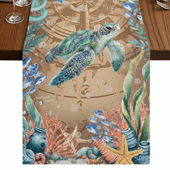 Table Runners 108 Inches Long Dress Scarves, Sea Turtle Coastal Farmhouse Coffee/Dining/Kitchen Table Runner for Living Room, Summer Nautical Starfish Coral Brown Anchor 13x108 Inch