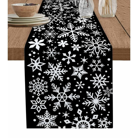 Table Runners 108 Inches Long Dress Scarves, Snowflake Black Farmhouse Coffee/Dining/Kitchen Table Runner for Living Room, Christmas Winter Snowfall Xmas Holiday 13x108 Inch