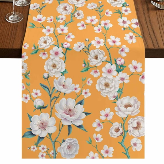 Table Runners 108 Inches Long Dress Scarves, Spring Botanical Farmhouse Coffee/Dining/Kitchen Table Runner for Living Room, Watercolor Floral Flowers Botanical Yellow 13x108 Inch