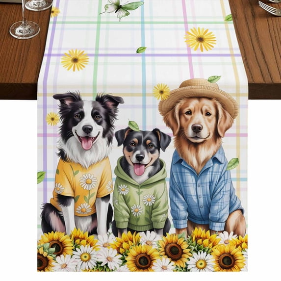 Table Runners 108 Inches Long Dress Scarves, Spring Dog Farmhouse Coffee/Dining/Kitchen Table Runner for Living Room, Sunflower Daisy Botanical Watercolor 13x108 Inch