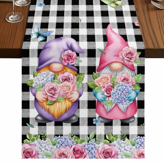 Table Runners 108 Inches Long Dress Scarves, Spring Gnomes Farmhouse Coffee/Dining/Kitchen Table Runner for Living Room, Botanical Rose Leaves Black Buffalo Plaid 13x108 Inch