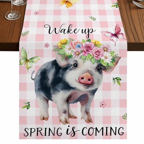 Table Runners 108 Inches Long Dress Scarves, Spring Pig Farmhouse Coffee/Dining/Kitchen Table Runner for Living Room, Butterfly Botanical Floral Pink Plaid 13x108 Inch