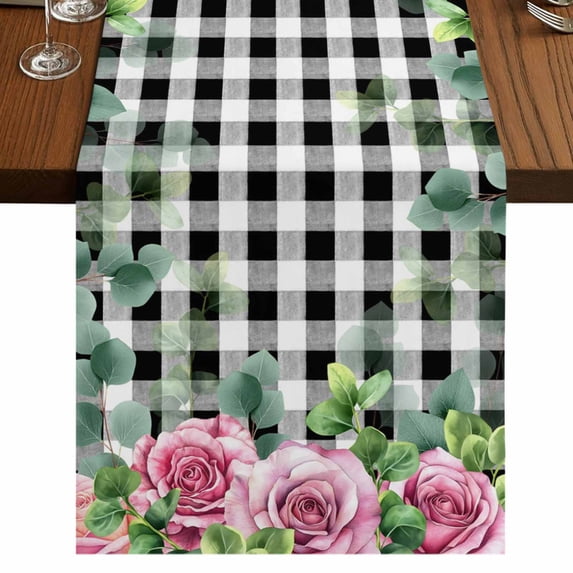 Table Runners 108 Inches Long Dress Scarves, Spring Pink Roses Farmhouse Coffee/Dining/Kitchen Table Runner for Living Room, Pastoral Eucalyptus Black White Plaid 13x108 Inch