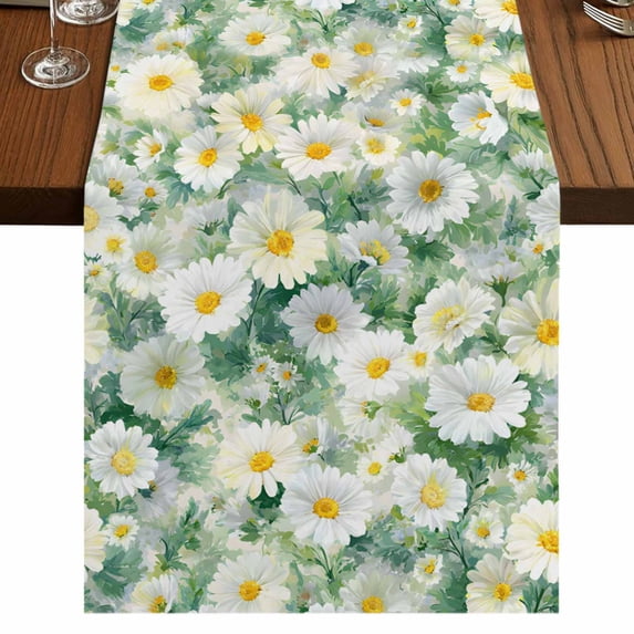 Table Runners 108 Inches Long Dress Scarves, Spring White Daisy Farmhouse Coffee/Dining/Kitchen Table Runner for Living Room, Flowers Green Leaves Pastoral Botanical 13x108 Inch