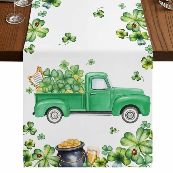 Table Runners 108 Inches Long Dress Scarves, St. Patrick's Day Farmhouse Coffee/Dining/Kitchen Table Runner for Living Room, Spring Lucky Shamrocks Green Truck Country 13x108 Inch