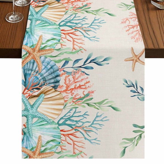 Table Runners 108 Inches Long Dress Scarves, Summer Ocean Farmhouse Coffee/Dining/Kitchen Table Runner for Living Room, Watercolor Coastal Coral Shell Seaweed Beige 13x108 Inch