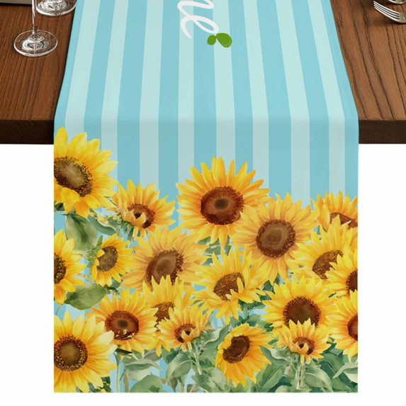 Table Runners 108 Inches Long Dress Scarves, Sunflower Farmhouse Coffee/Dining/Kitchen Table Runner for Living Room, Yellow Summer Botanical Blue Striped Farmhouse 13x108 Inch