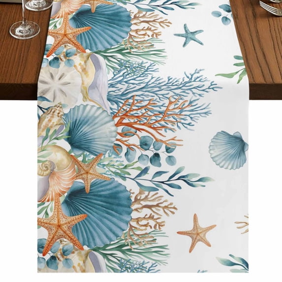 Table Runners 108 Inches Long Dress Scarves, Teal Blue Coastal Farmhouse Coffee/Dining/Kitchen Table Runner for Living Room, Summer Beach Starfish Shell Coral Nautical 13x108 Inch
