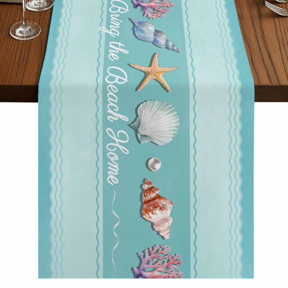 Table Runners 108 Inches Long Dress Scarves, Teal Summer Coastal Farmhouse Coffee/Dining/Kitchen Table Runner for Living Room, Modern Ocean Waves Starfish Shell 13x108 Inch