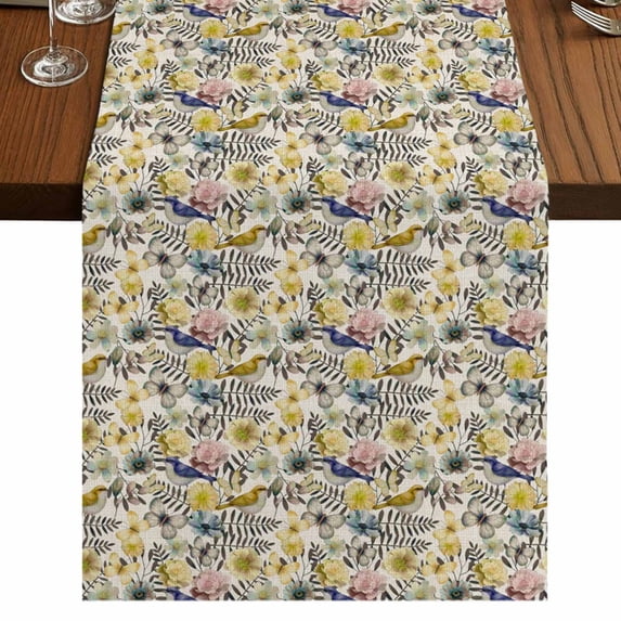 Table Runners 108 Inches Long Dress Scarves, Vintage Flowers Farmhouse Coffee/Dining/Kitchen Table Runner for Living Room, Spring Yellow Floral Country Leaves Blue Birds 13x108 Inch