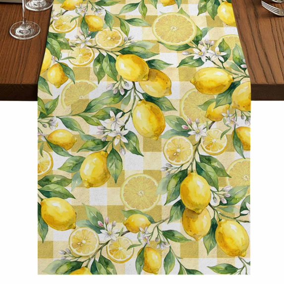 Table Runners 108 Inches Long Dress Scarves, Yellow Lemons Farmhouse Coffee/Dining/Kitchen Table Runner for Living Room, Summer Botanical Checkered Pastoral 13x108 Inch