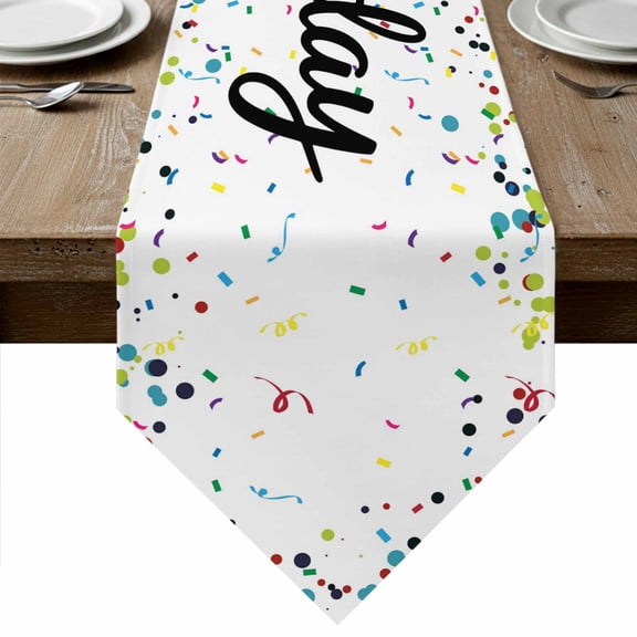 Table Runners 108 Inches Long, White Birthday Cotton Linen Kitchen Dining Coffee Table Runner for Party Home, Colorful Confetti Ribbons Polka Dots Classroom Tabletop Dresser Scarves 13x108 Inch
