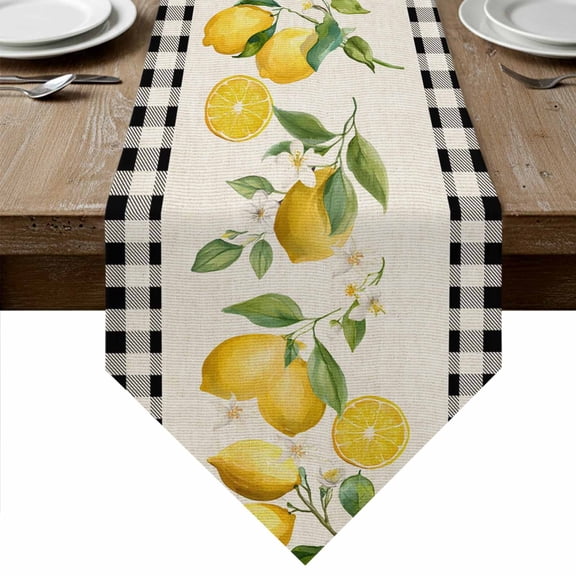 Table Runners 108 Inches Long, Yellow Lemons Cotton Linen Kitchen Dining Coffee Table Runner for Party Home Decor, Summer Watercolor Fruits Plaid Tabletop Dresser Scarves Runner Decor 13x108 Inch