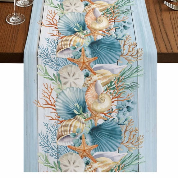 Table Runners 120 Inches Long Dress Scarves, Blue Beach Coastal Farmhouse Coffee/Dining/Kitchen Table Runner for Living Room, Nautical Shell Starfish Coral Summer 13x120 Inch