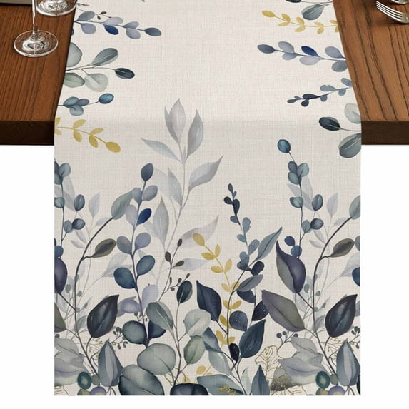 Table Runners 120 Inches Long Dress Scarves, Blue Grey Eucalyptus Farmhouse Coffee/Dining/Kitchen Table Runner for Living Room, Farmhouse Weeping Leaves on Linen 13x120 Inch