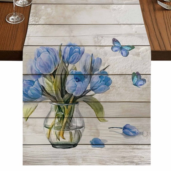 Table Runners 120 Inches Long Dress Scarves, Blue Tulip Farmhouse Coffee/Dining/Kitchen Table Runner for Living Room, Vintage Spring Floral Retro Art Butterfly Wooden 13x120 Inch