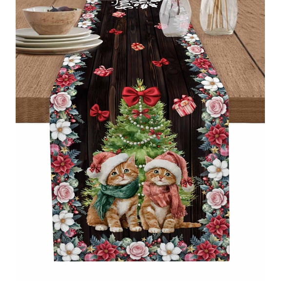 Table Runners 120 Inches Long Dress Scarves, Christmas Cats Farmhouse Coffee/Dining/Kitchen Table Runner for Living Room, XmasTree Winter Gifts Floral Brown Wooden 13x120 Inch