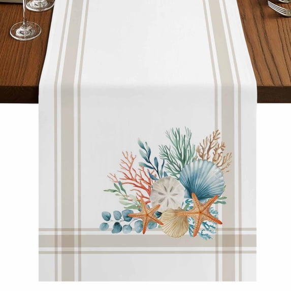 Table Runners 120 Inches Long Dress Scarves, Coastal Starfish Farmhouse Coffee/Dining/Kitchen Table Runner for Living Room, Nautical Shells Coral Eucalyptus Stripes 13x120 Inch