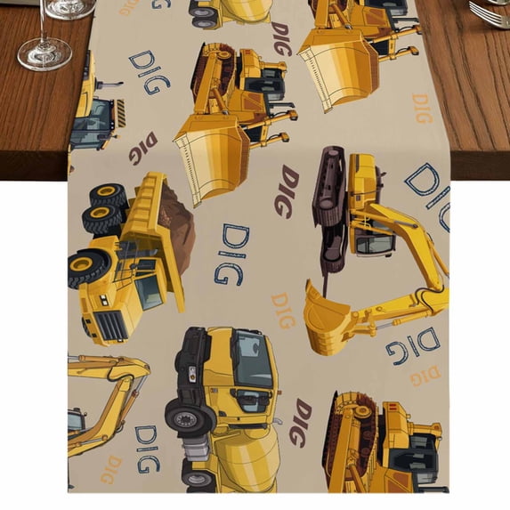 Table Runners 120 Inches Long Dress Scarves, Construction Truck Farmhouse Coffee/Dining/Kitchen Table Runner for Living Room, Cartoon Grips and Bulldozers Beige 13x120 Inch