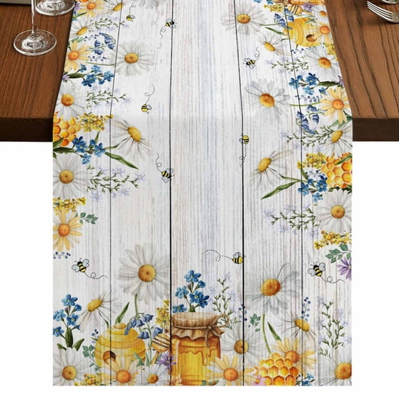 Table Runners 120 Inches Long Dress Scarves, Daisy Spring Floral Farmhouse Coffee/Dining/Kitchen Table Runner for Living Room, Farmhouse Botanical Green Leaves Wooden 13x120 Inch