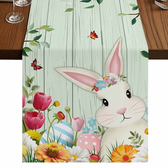 Table Runners 120 Inches Long Dress Scarves, Easter Farmhouse Coffee/Dining/Kitchen Table Runner for Living Room, Spring Watercolor Bunny Eggs Tulip Wooden Grain Teal 13x120 Inch