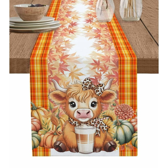 Table Runners 120 Inches Long Dress Scarves, Fall Orange Pumpkins Farmhouse Coffee/Dining/Kitchen Table Runner for Living Room, Thanksgiving Cute Cow Rustic Maple Leaves 13x120 Inch