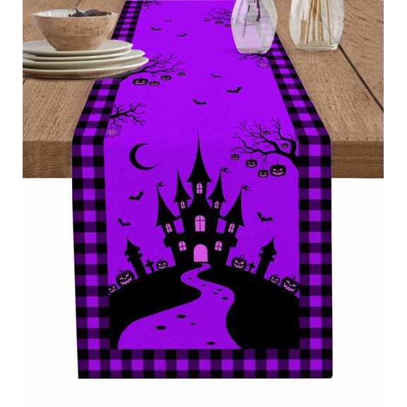 Table Runners 120 Inches Long Dress Scarves, Halloween Purple Farmhouse Coffee/Dining/Kitchen Table Runner for Living Room, Cartoon Castle Bat Plaid Moon Black 13x120 Inch