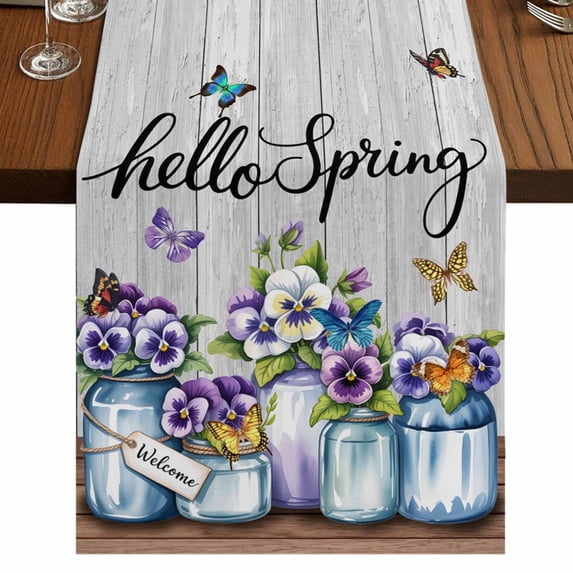Table Runners 120 Inches Long Dress Scarves, Hello Spring Farmhouse Coffee/Dining/Kitchen Table Runner for Living Room, Pastoral Purple Bottle Floral Gray Wooden 13x120 Inch