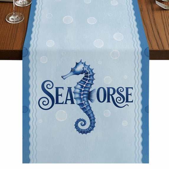 Table Runners 120 Inches Long Dress Scarves, Navy Blue Seahorse Farmhouse Coffee/Dining/Kitchen Table Runner for Living Room, Summer Coastal Bubbles Ocean Waves 13x120 Inch