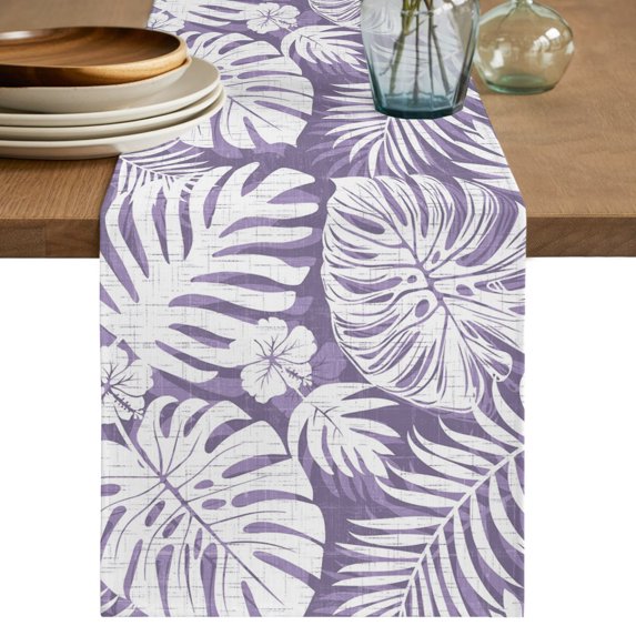 Table Runners 120 Inches Long Dress Scarves, Palm Tree Monstera Farmhouse Coffee/Dining/Kitchen Table Decor Table Runner for Living Room, Purple White Leaf Boho Botanical Tropical 13x120 Inch