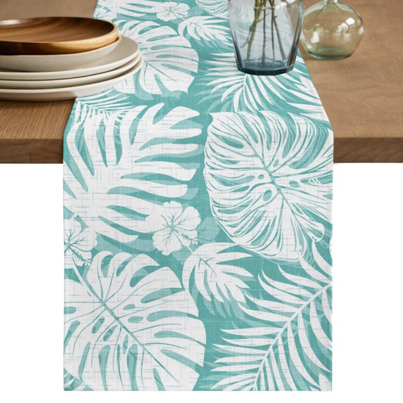 Table Runners 120 Inches Long Dress Scarves, Palm Tree Monstera Farmhouse Coffee/Dining/Kitchen Table Decor Table Runner for Living Room, Turquoise White Botanical Leaf Boho 13x120 Inch