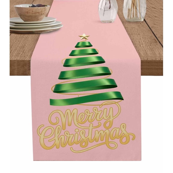 Table Runners 120 Inches Long Dress Scarves, Pink Green Christmas Farmhouse Coffee/Dining/Kitchen Table Runner for Living Room, Xmas Tree Modern Art 13x120 Inch