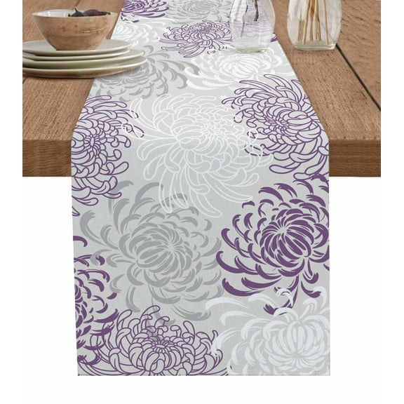 Table Runners 120 Inches Long Dress Scarves, Purple White Farmhouse Coffee/Dining/Kitchen Table Runner for Living Room, Abstract Grey Chrysanthemum Flower Floral 13x120 Inch