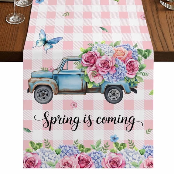 Table Runners 120 Inches Long Dress Scarves, Spring Farmhouse Coffee/Dining/Kitchen Table Runner for Living Room, Truck Botanical Rose Leaves Butterfly Pink Lattice 13x120 Inch