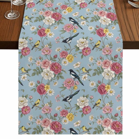 Table Runners 120 Inches Long Dress Scarves, Spring Red Floral Farmhouse Coffee/Dining/Kitchen Table Runner for Living Room, Daiy Birds Farmhouse Blue Botanical 13x120 Inch