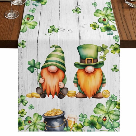 Table Runners 120 Inches Long Dress Scarves, St. Patrick's Day Farmhouse Coffee/Dining/Kitchen Table Runner for Living Room, Green Gnomes Lucky Shamrocks Grey Farm Wooden 13x120 Inch